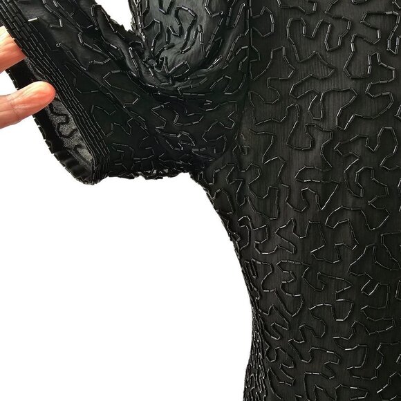 80s Black Silk Beaded Sheath Dress Short Sleeve Round Neck Laurence Kazar Sz 8 - Picture 7 of 11